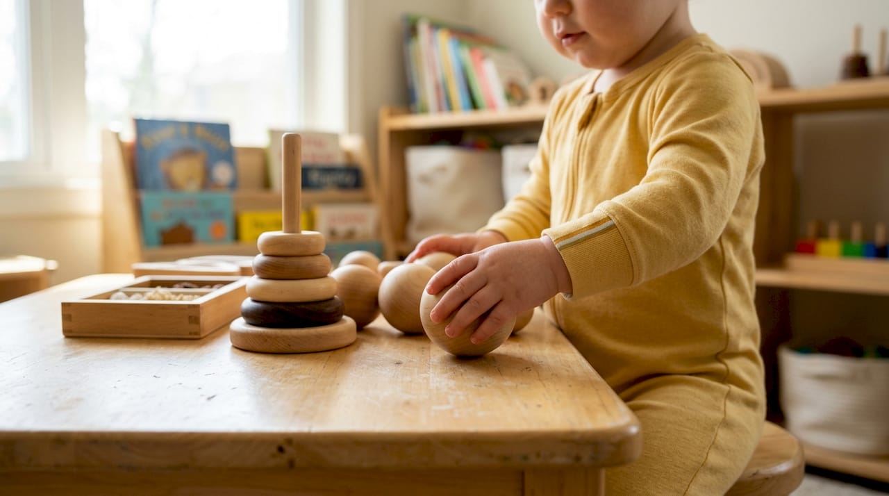 Toddler playing with Montessori wooden toys on rug
