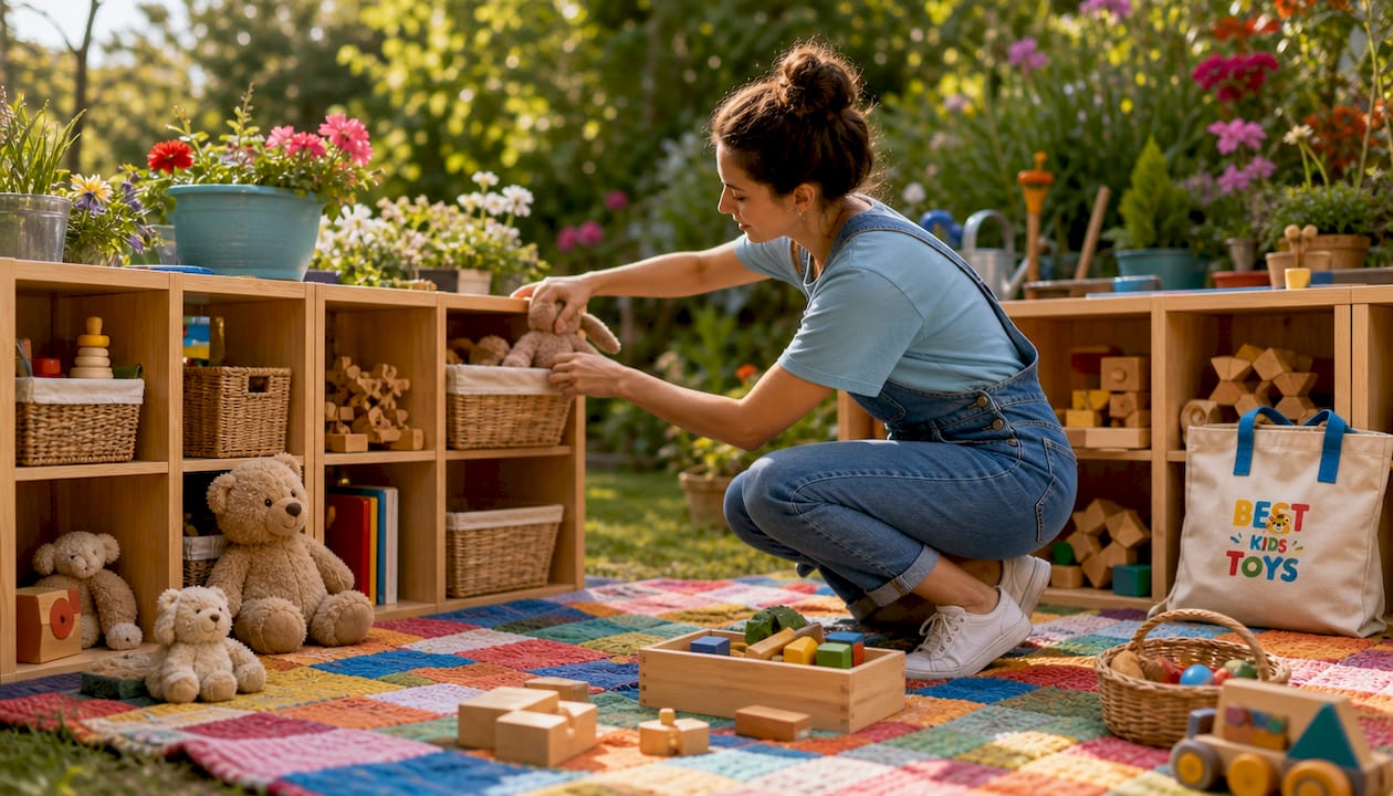 Woman organizing Montessori modular cube storage