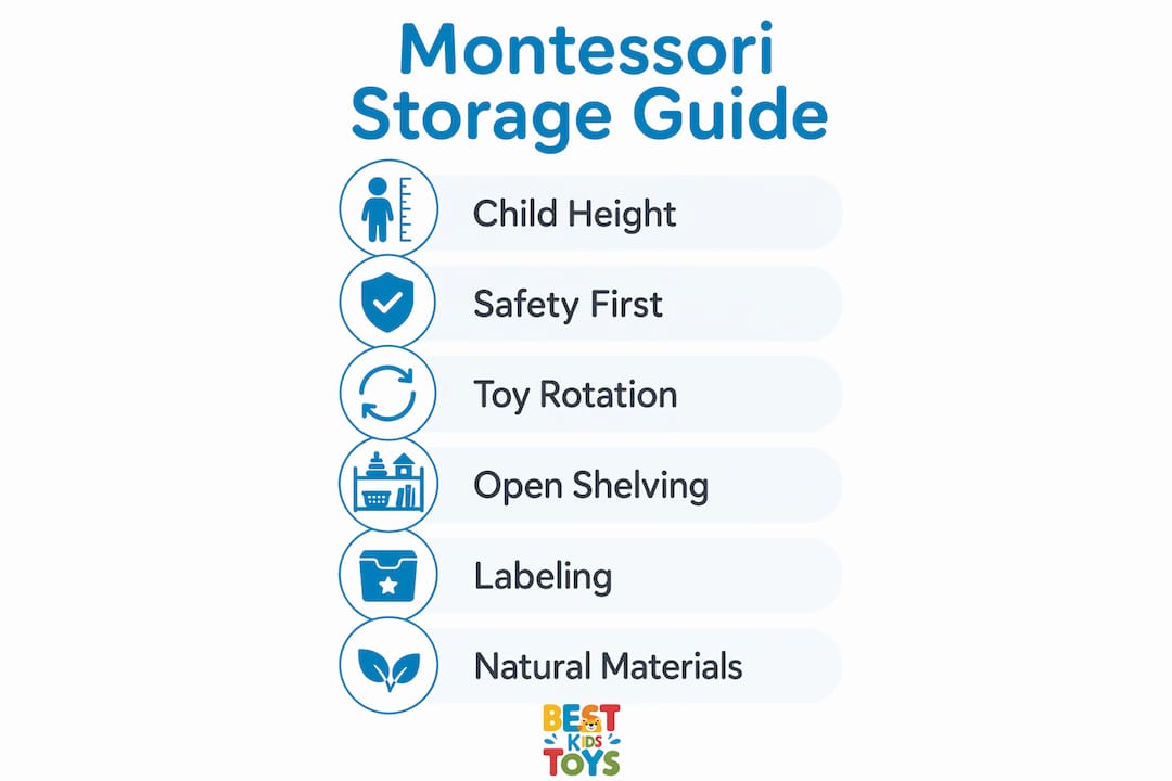 Infographic illustrating Montessori toy storage key features