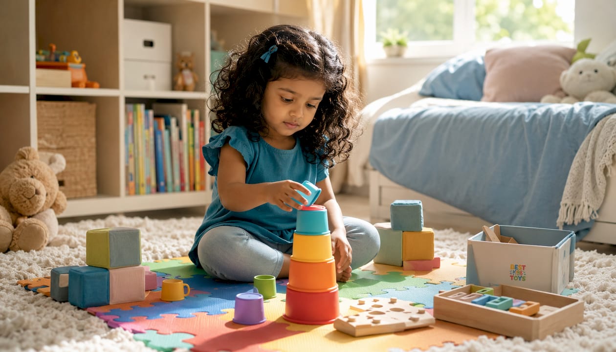 Overhead view of toddler playing with open-ended toys