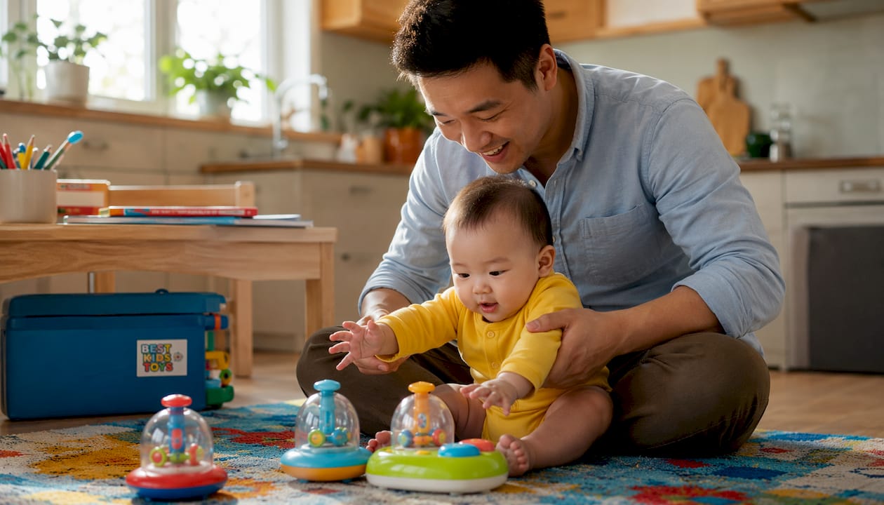 Father supporting 5-month-old baby playing with toys