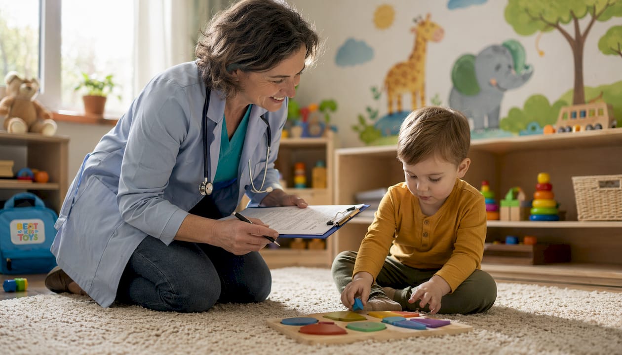 Pediatrician assessing toddler with questionnaire