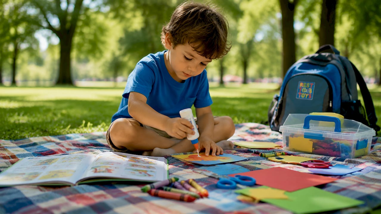 Child focused assembling craft kit at table