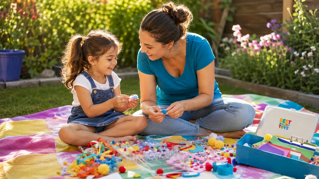 Father and daughter crafting with activity kit at home