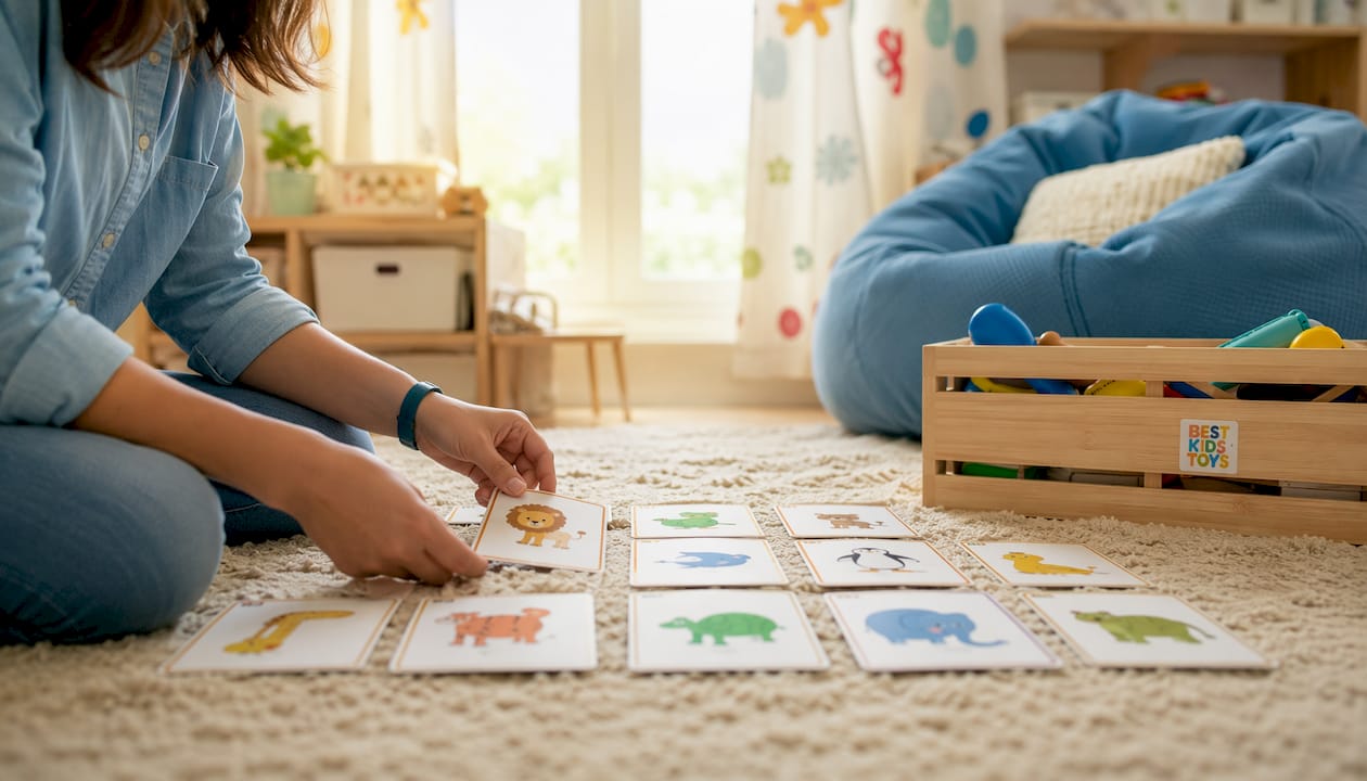 Hands picking Montessori vocabulary cards without text