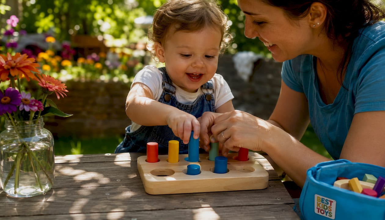 Hands inserting wooden pegs into sorter holes