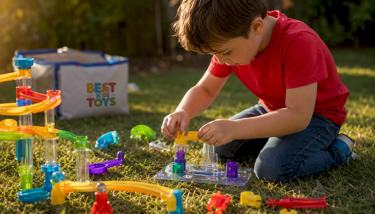 Child assembling colorful marble run toy at table