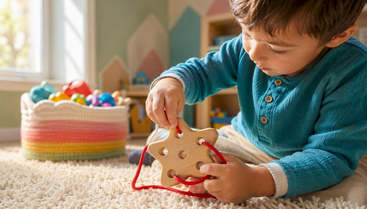 Close-up of child threading wooden lacing toy