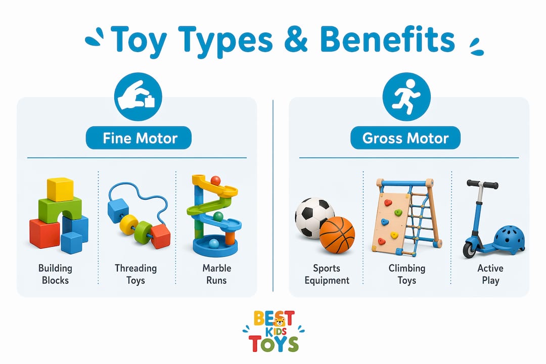 Infographic showing toy types with motor skill benefits