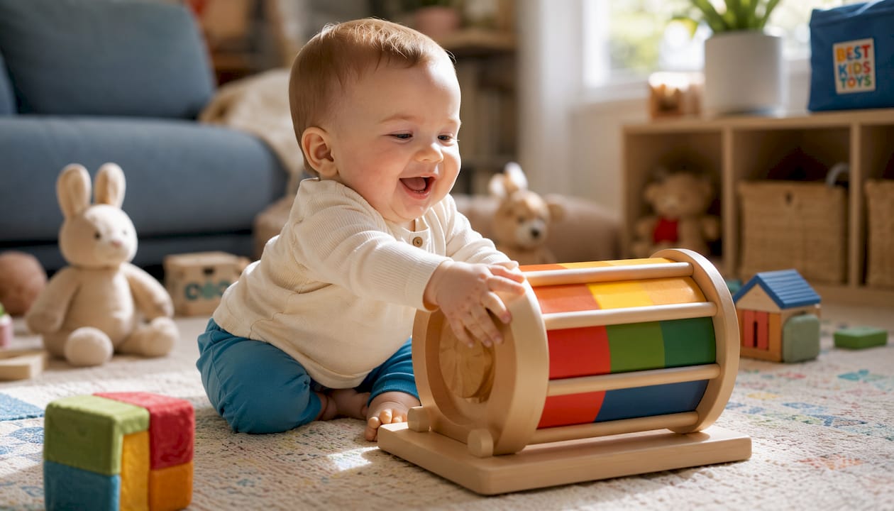 Close-up of infant hands touching Montessori spinning drum