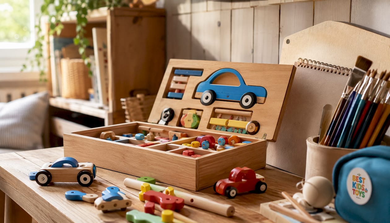 Wooden car puzzle box parts and keys