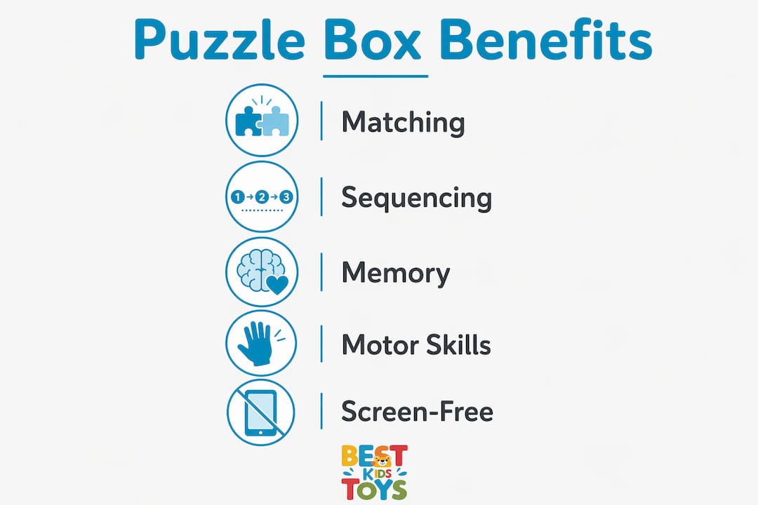 Infographic showing developmental benefits of car puzzle boxes