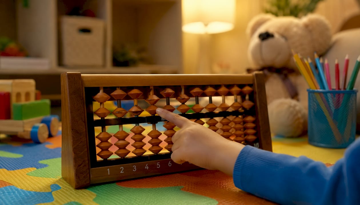 Closeup of Soroban abacus with child’s fingers adjusting beads