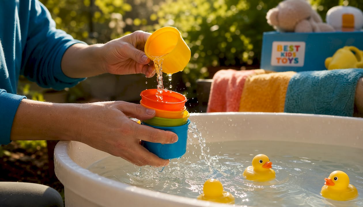 Close-up hands demonstrating pouring with bath toys