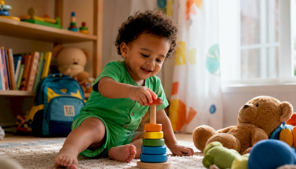Toddler stacking colorful wooden rings on dowel