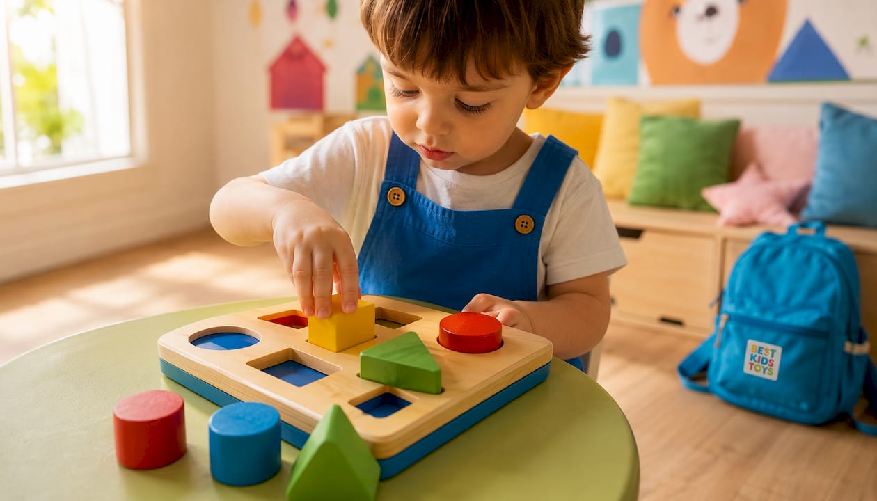 Close-up toddler hands with wooden shape sorter