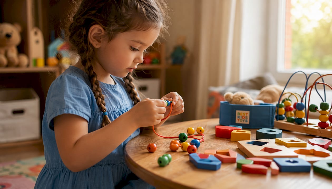 Child threading beads on string at table