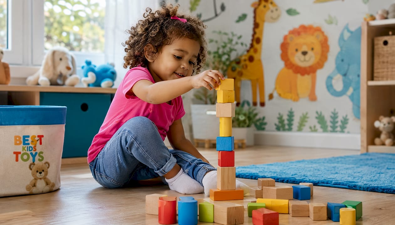 Overhead view of toddler building wooden block tower