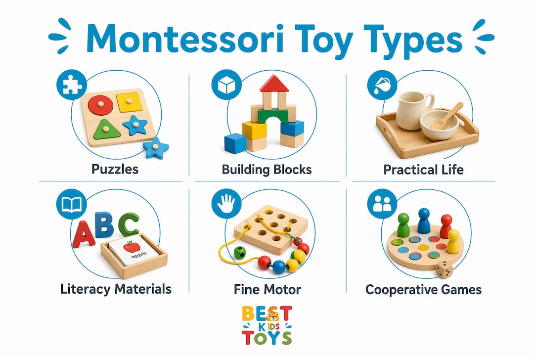 Infographic showing categories of Montessori toys for 3-year-olds