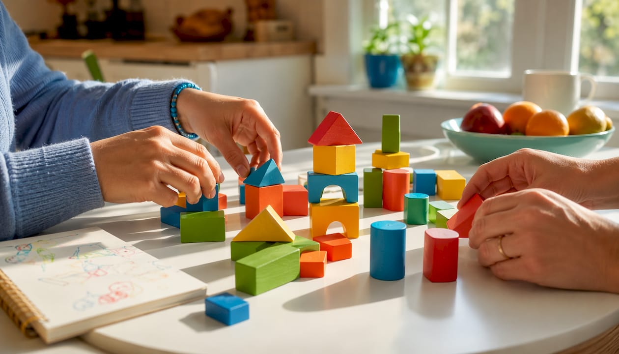 Hands inspecting wooden blocks with checklist