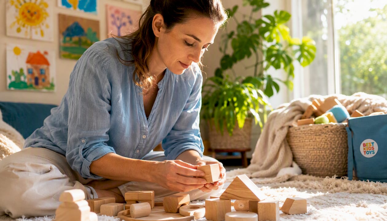 Parent cleaning wooden blocks for safety
