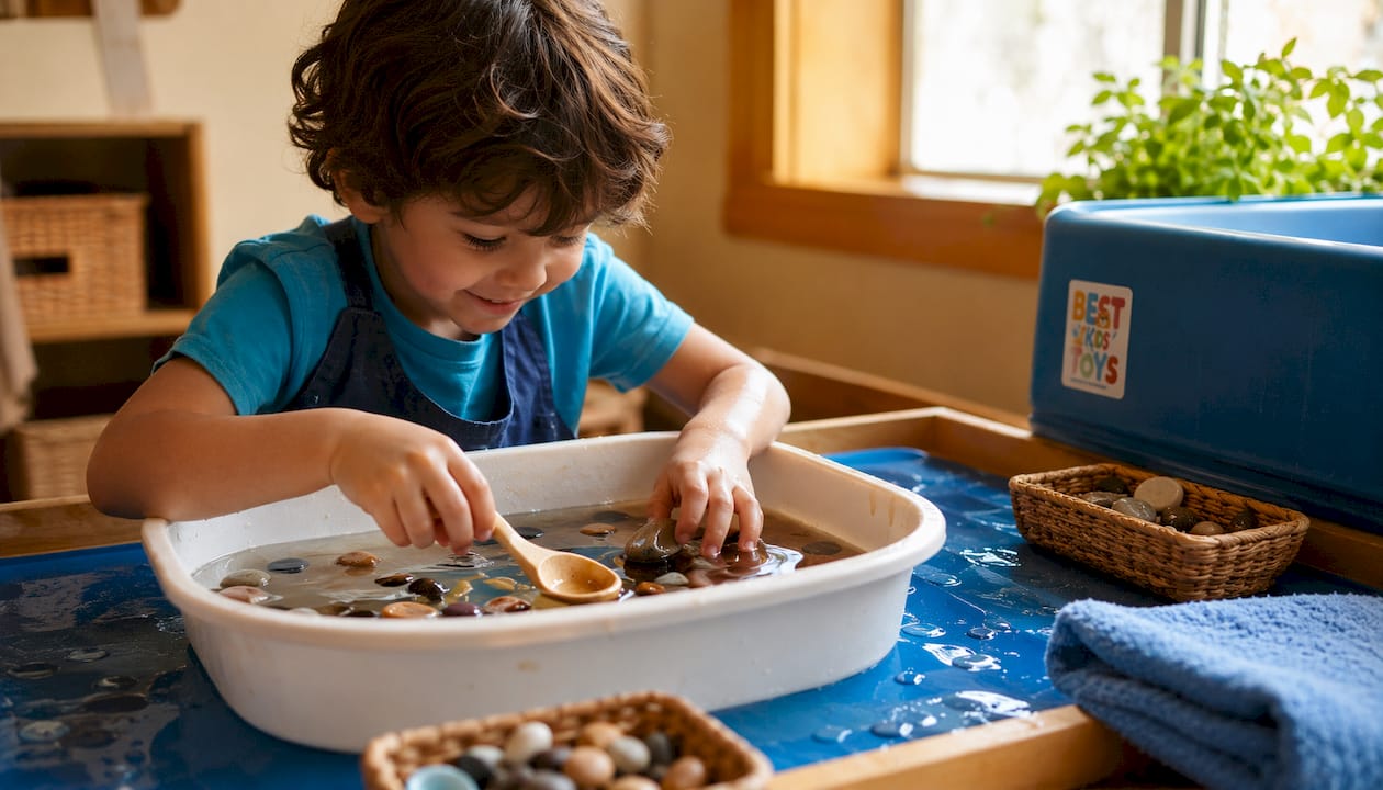 Close-up overhead of child hands exploring water sensory basin