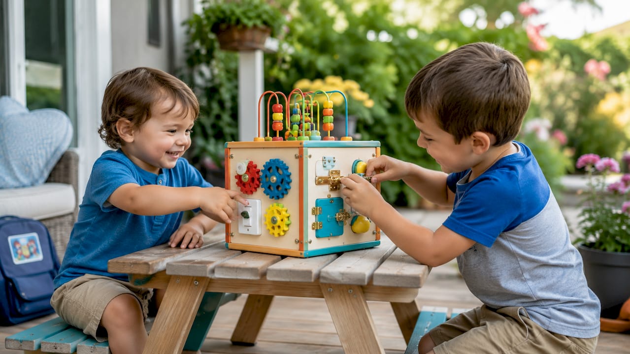 Children playing with 9-in-1 busy cube toy