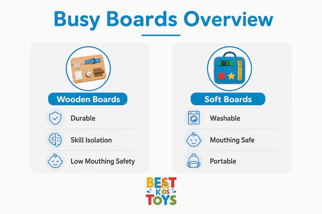 Infographic comparing wooden and soft busy boards