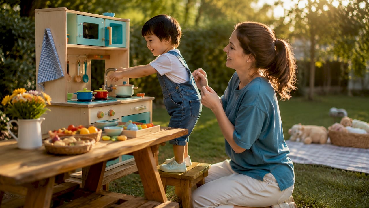 Child and caregiver in pretend play with wooden kitchen