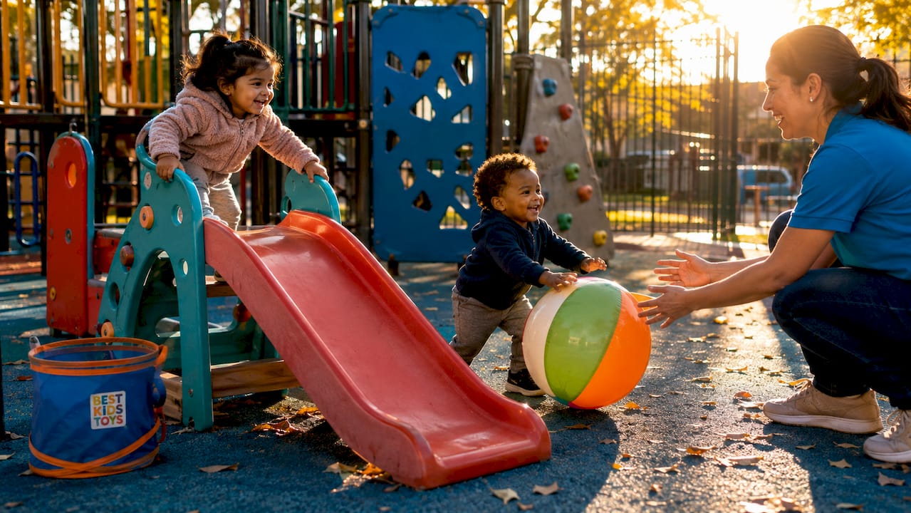 Toddlers playing with movement-based toys outdoors