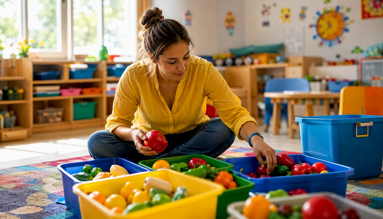 Teacher sorting plastic market play food in classroom