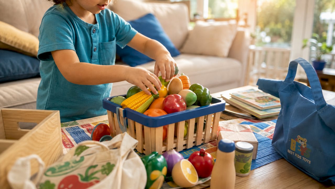 Hands assembling wooden grocery set pieces