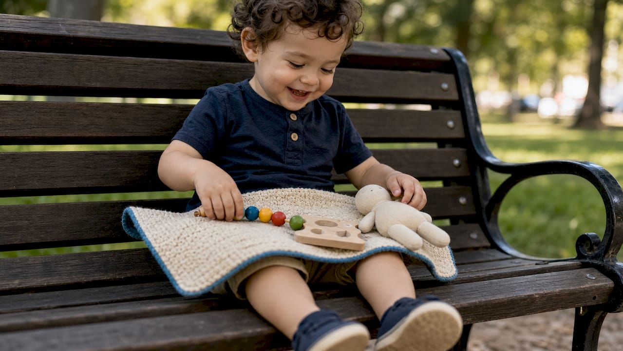 Lap rug with compact Montessori travel toys ready