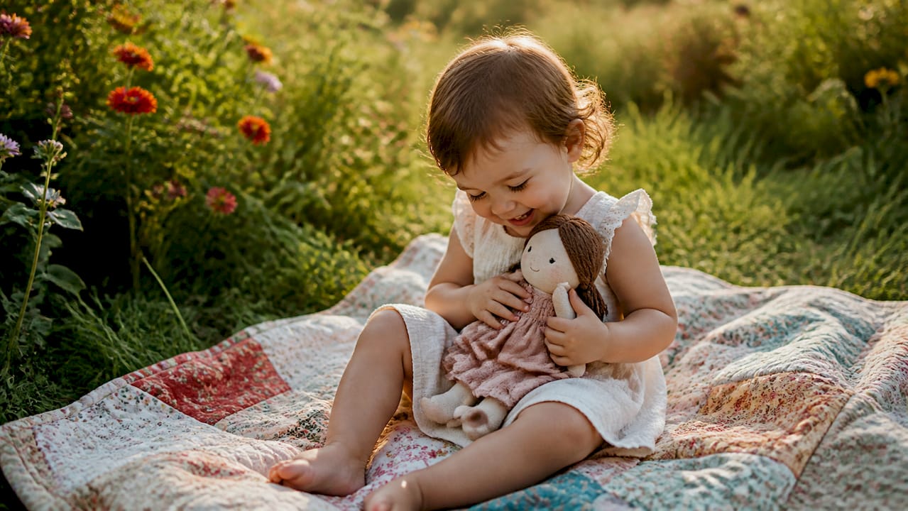 Toddler wrapping simple doll in blanket
