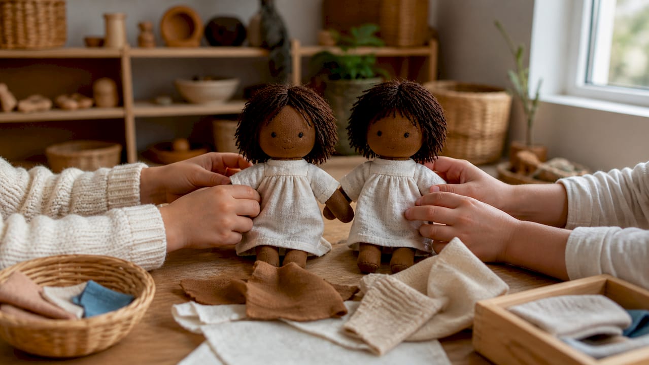 Children hands sharing cloth dolls in play