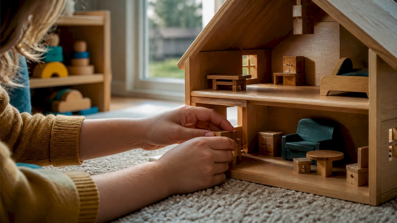 Preschool hands arranging dollhouse furniture