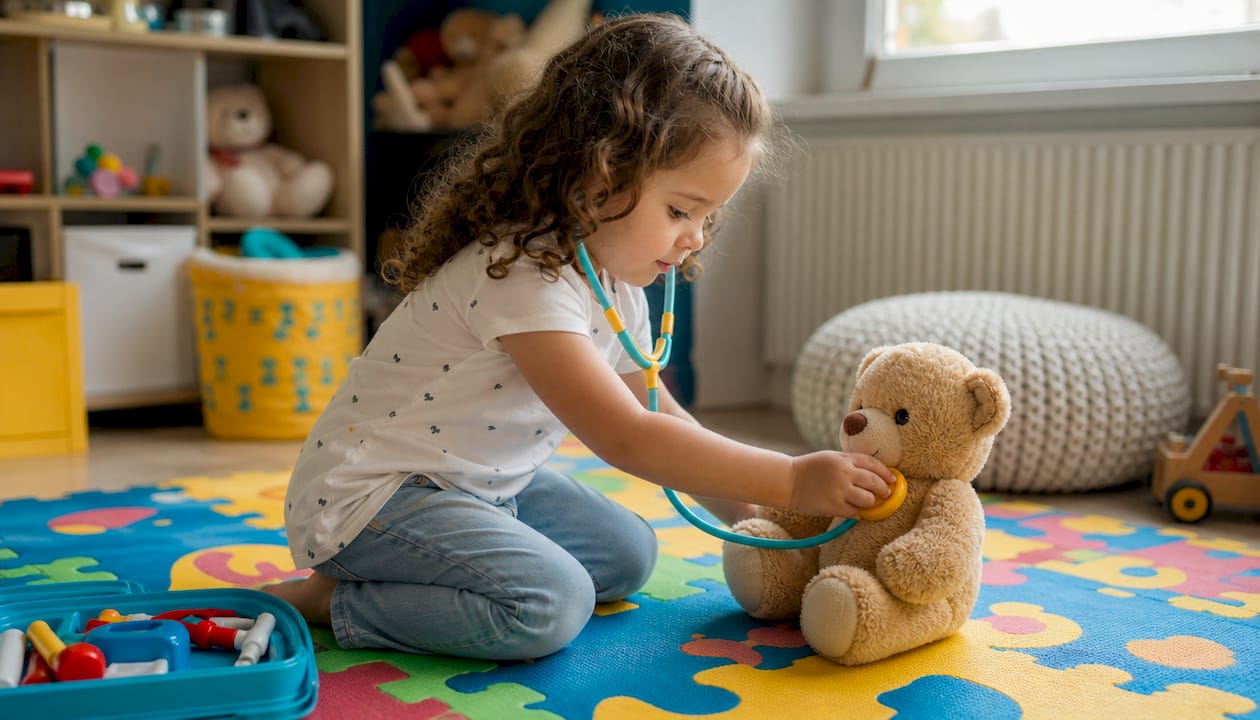 Preschooler doing pretend doctor check-up on stuffed animal