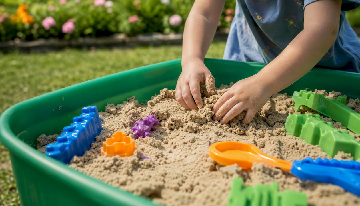 Child hands pressing kinetic sand in sensory bin