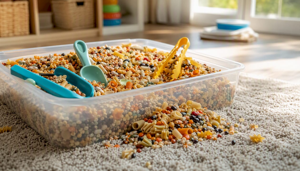 Taste-safe fillers in sensory bin for toddlers