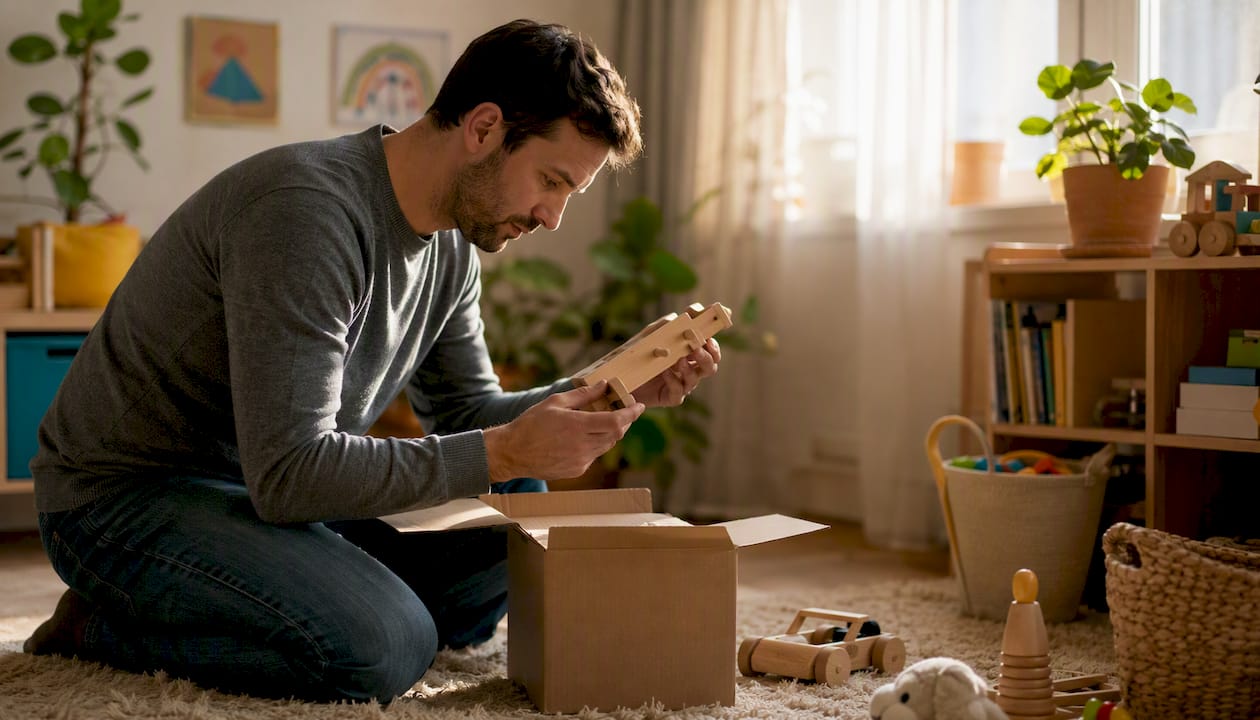 Parent examining safety and FSC certification on wooden toy