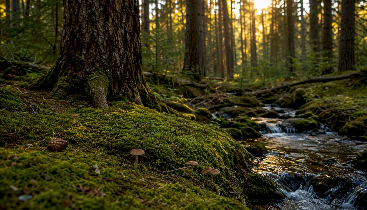 Sunlit forest showing biodiversity and water stream