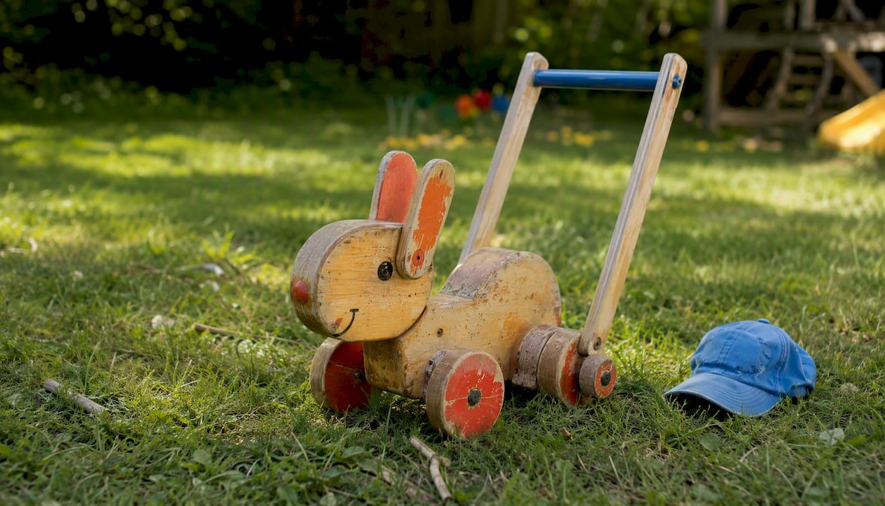 Worn wooden pull toy on outdoor deck
