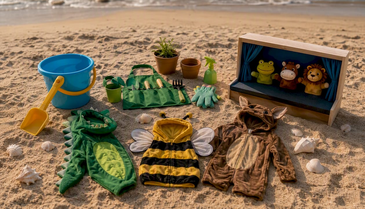 Age-stage specific outdoor pretend play props flat lay
