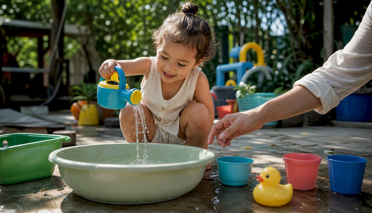 Child stirring water safely outdoors under shade