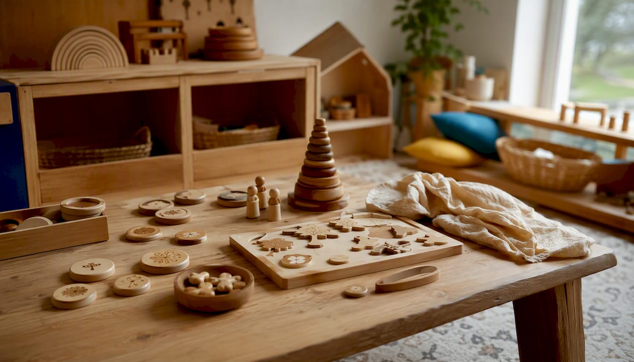 Montessori style educational toys on wooden table