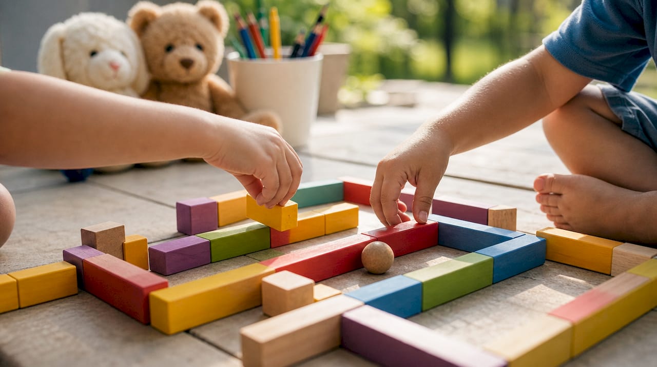 Kids building block maze collaboratively