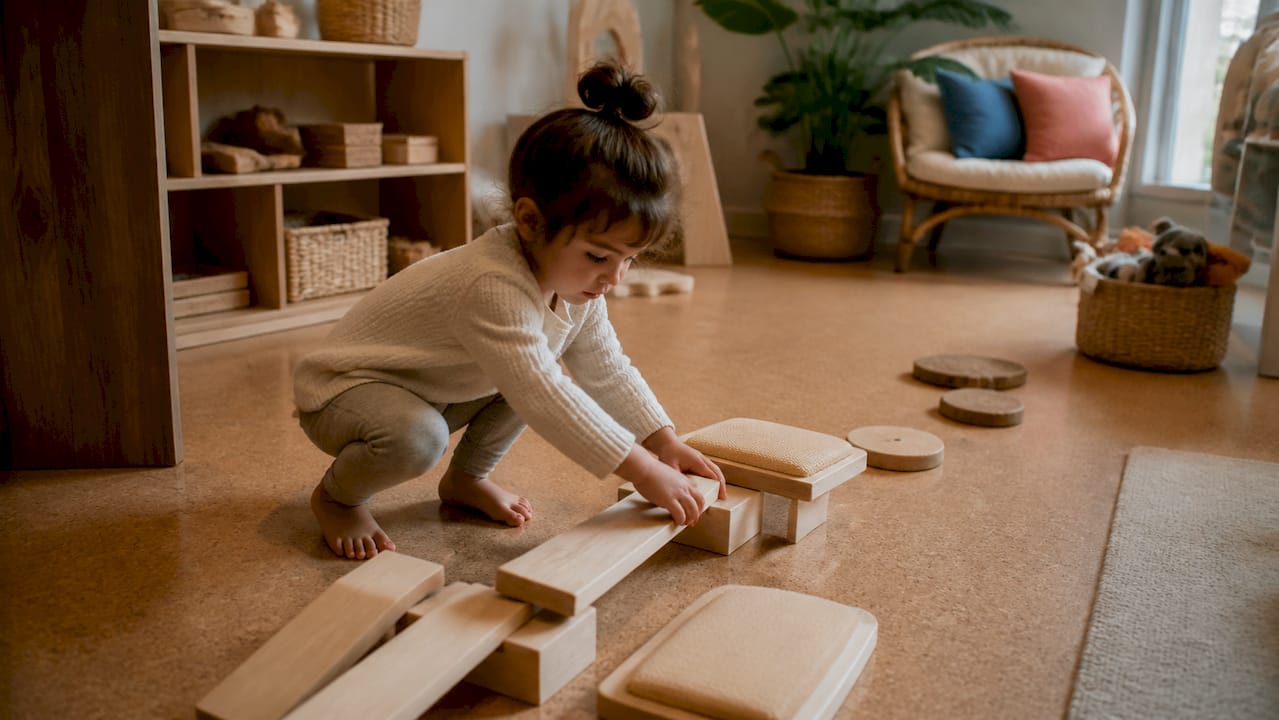 Child hands creating wooden play obstacle course