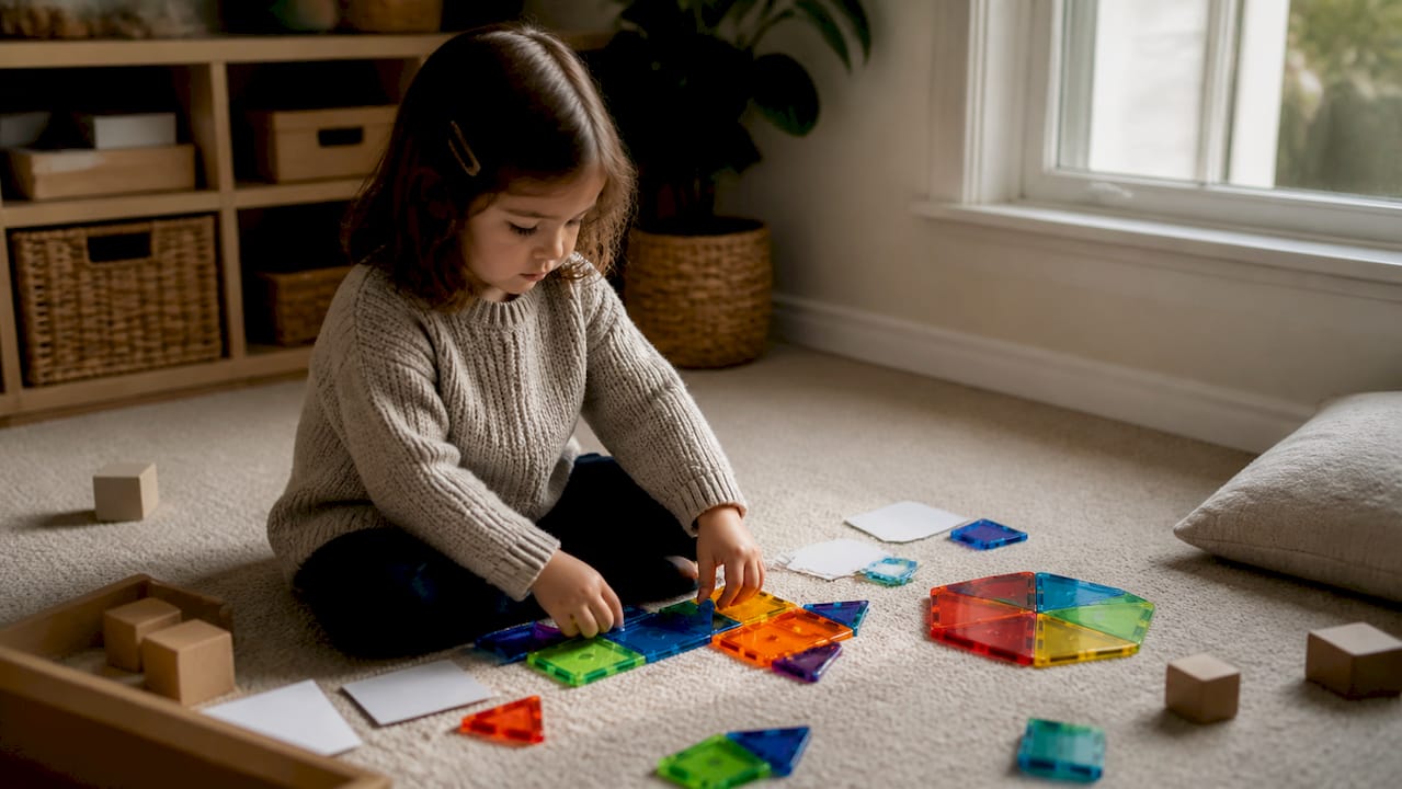 Child hands exploring magnet tile shapes for STEM