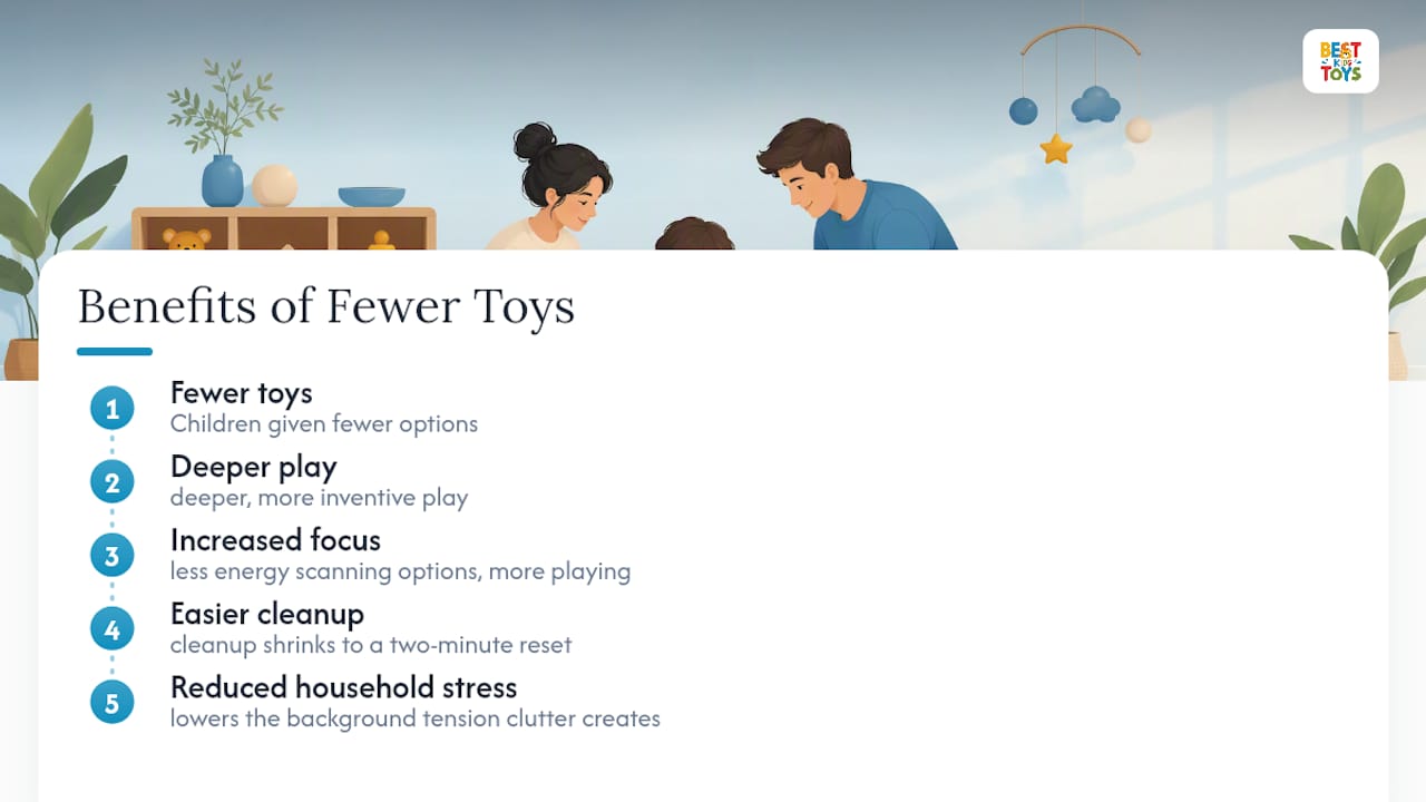 Diagram linking fewer toys to play quality, focus, cleanup, stress