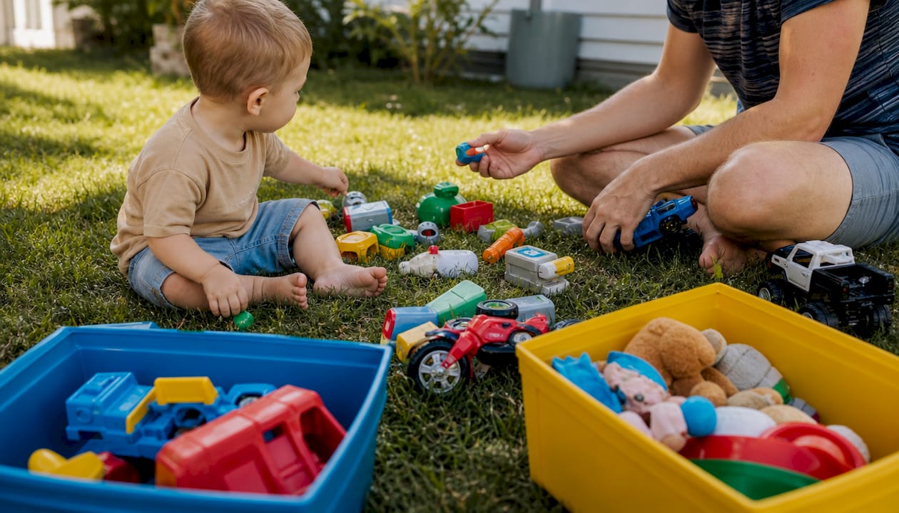 Hands sorting wooden toys during decluttering